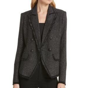 Veronica Beard Black Metallic Silver Tweed Raw Edge Double Breasted Blazer  4